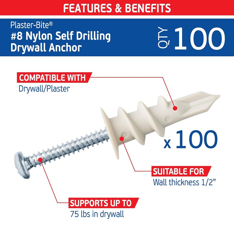 FixMaster Nylon Self-Drilling Drywall Anchors w/Screws (100 Anchors & 100 Screws) – Premium Nylon 66 Hollow Wall Anchors for 3/8"-5/8" Drywall – Shock-Resistant Hold, Easy Install - 75lb Holding Strength - Image 2